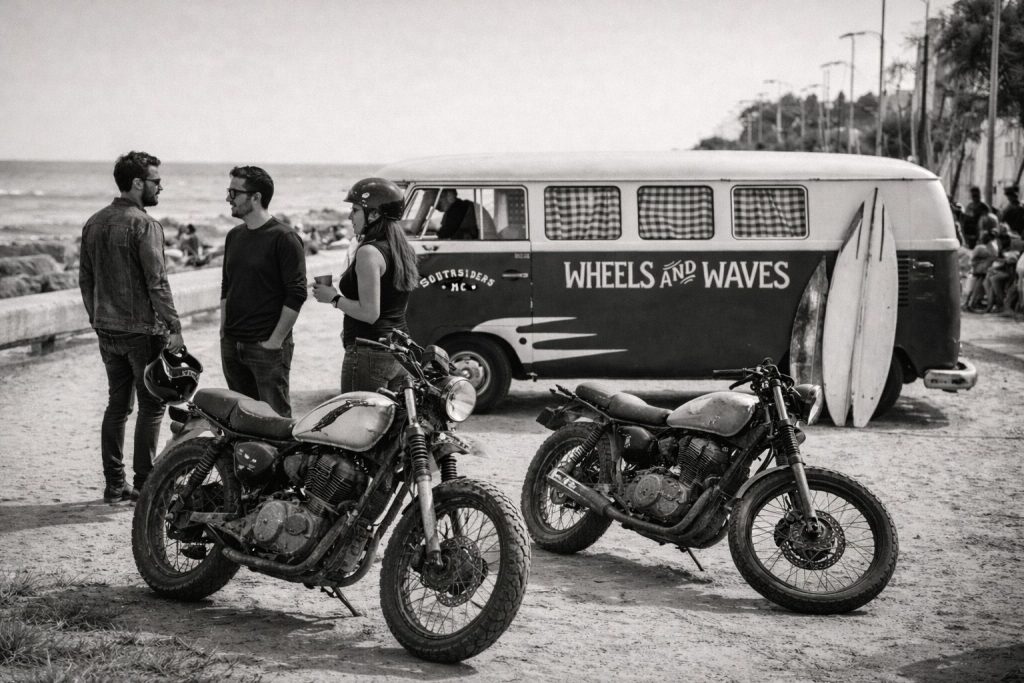 black and white photo vintage vw van wheels and waves biarritz surfers motorcycles riders coastal scene