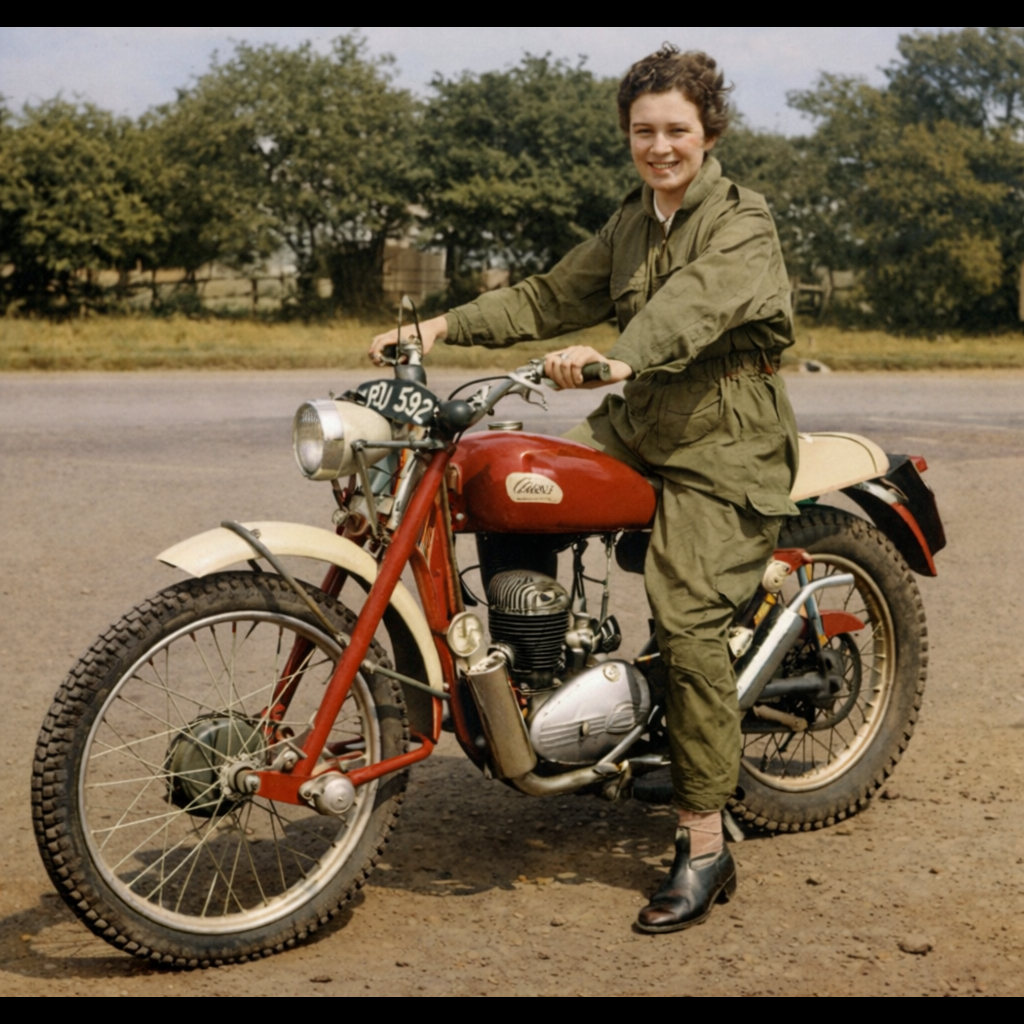 Olga Kevelos riding a Greeves trials motorcycle at the Greeves Trial, 1954 — the year the machines, designed by Bert Greeves, were first introduced.