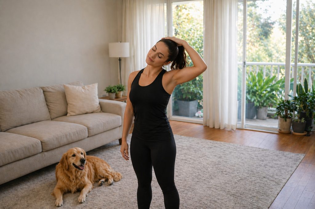 rider stretching neck and shoulders.