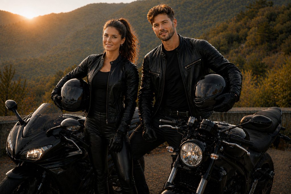 motorcyclists standing beside motorcycles on coastal road at sunrise preparing for first ride
