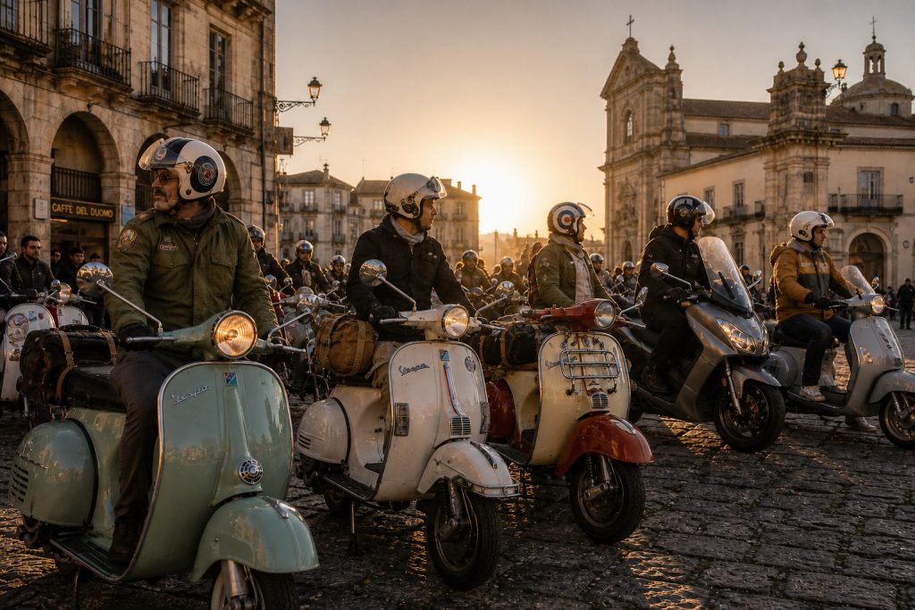 Vintage Vespa and Lambretta scooters gathered for a European scooter rally in a historic town square.