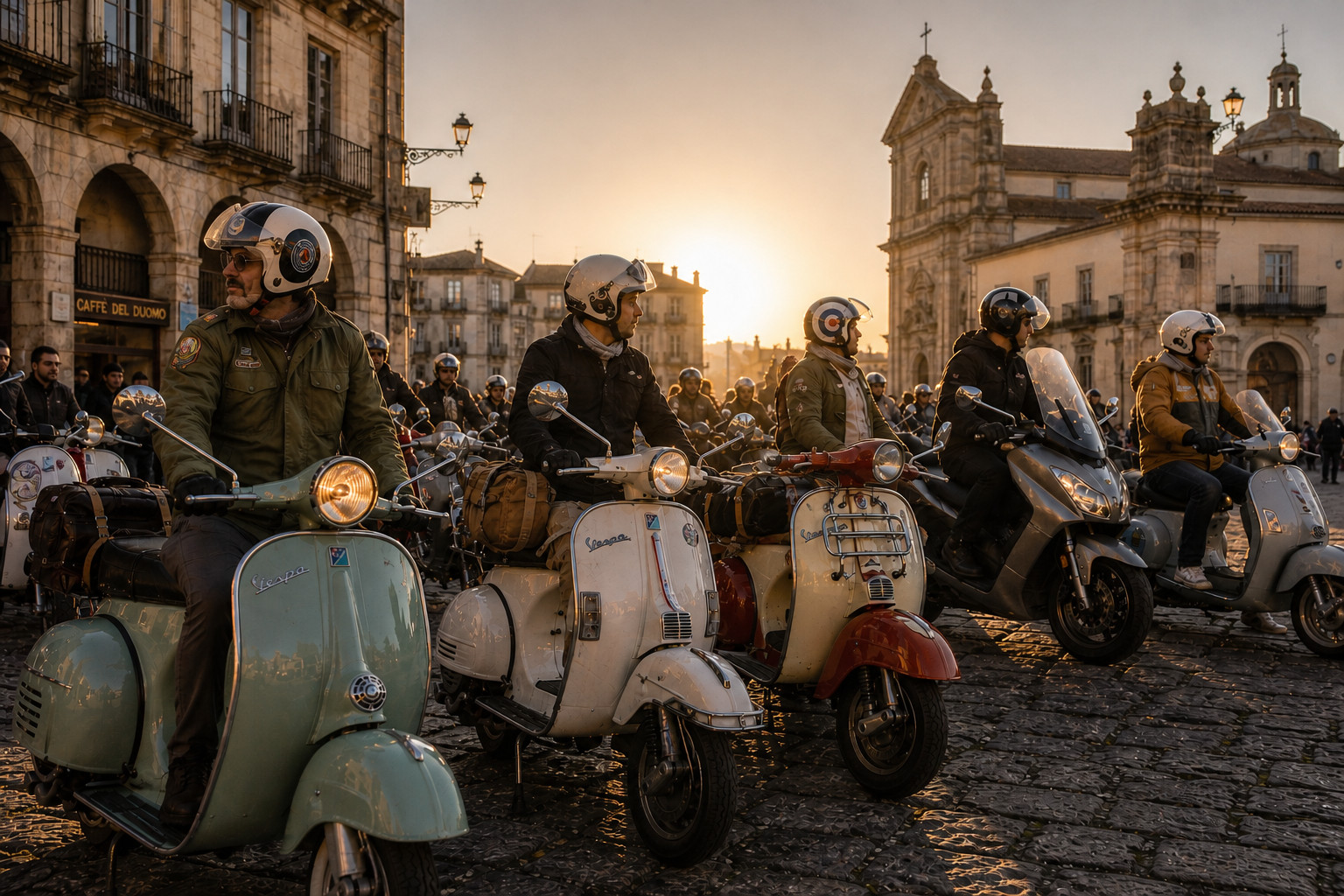 Vintage Vespa and Lambretta scooters gathered for a European scooter rally in a historic town square.