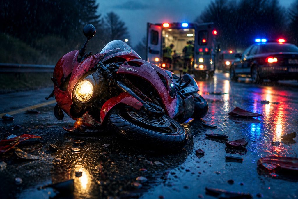 Sports motorcycle lying on a wet road in falling rain at dusk, with police car and ambulance lights reflecting on the slick pavement.