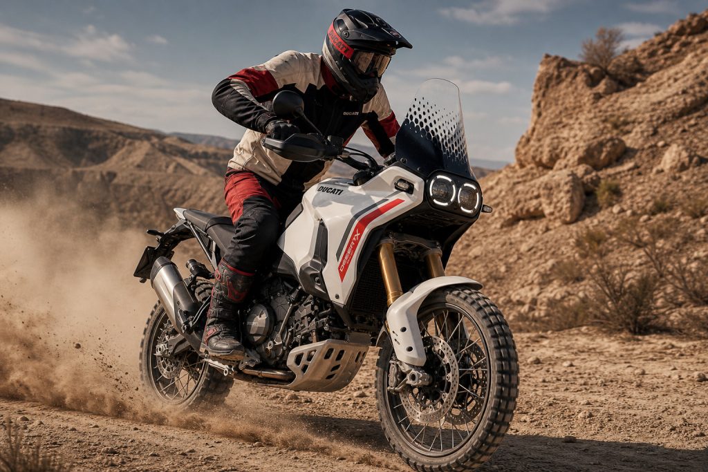 Rider on Ducati DesertX V2 adventure motorcycle navigating rugged desert terrain in official white and red rally-inspired livery.