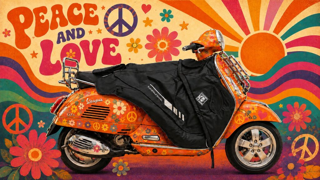 Vespa scooter with a black leg cover for warmer, more comfortable riding in cool and windy weather.